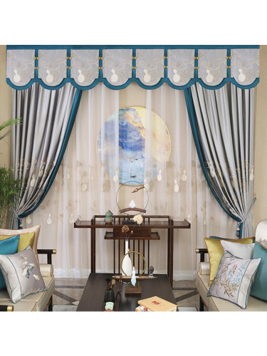 QYHL225SA Silver Beach Embroidered Gourd Blue Grey Faux Silk Pleated Ready Made Curtains