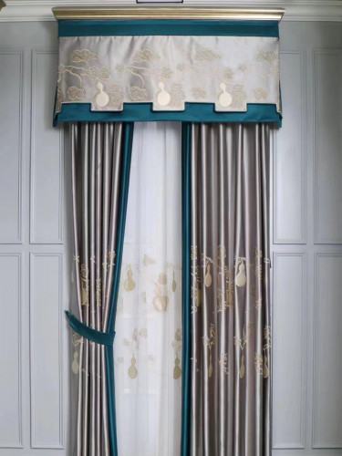 QYHL225S Silver Beach Embroidered Gourd Blue Grey Faux Silk Custom Made Curtains(Color: Grey)