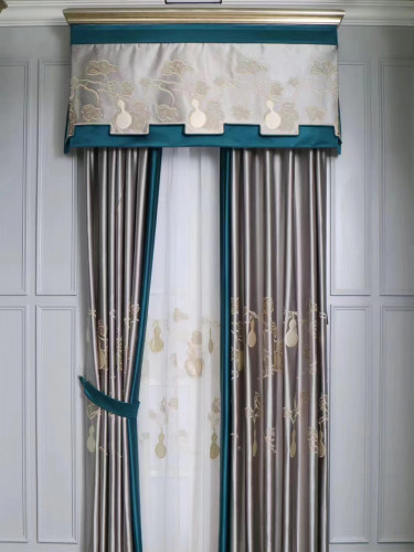 QYHL225SA Silver Beach Embroidered Gourd Blue Grey Faux Silk Pleated Ready Made Curtains