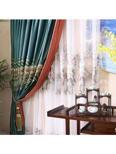 QYHL225TA Silver Beach Embroidered Blooming Flowers Blue Yellow Pleated Ready Made Curtains