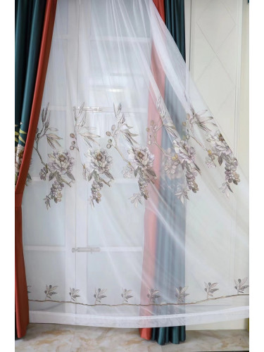 QYHL225T Silver Beach Embroidered Blooming Flowers Blue Faux Silk Custom Made Curtains