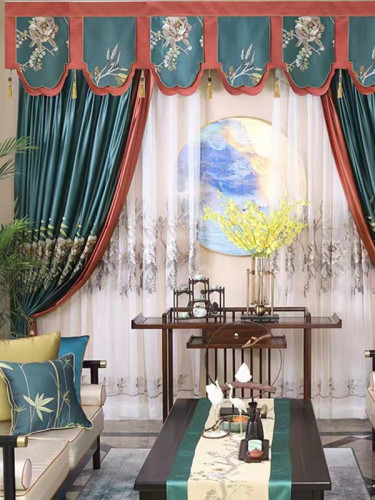 QYHL225TA Silver Beach Embroidered Blooming Flowers Blue Yellow Pleated Ready Made Curtains(Color: Blue)