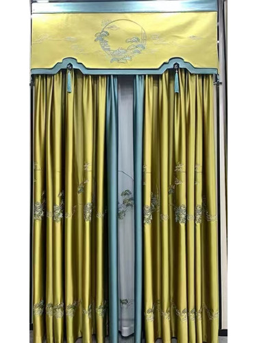 QYHL225UA Silver Beach Embroidered Green Pines Champagne Blue Faux Silk Pleated Ready Made Curtains