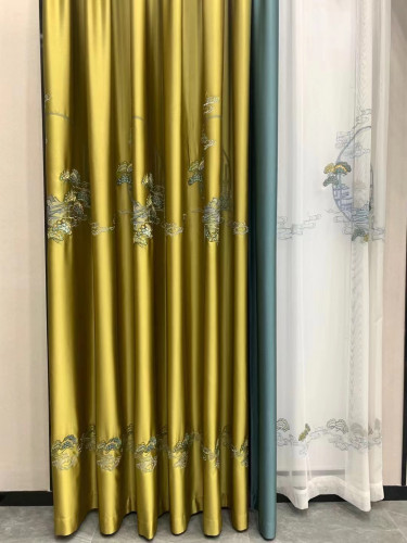 QYHL225U Silver Beach Embroidered Green Pines Champagne Blue Faux Silk Custom Made Curtains