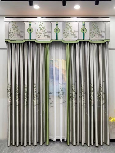 QYHL225VA Silver Beach Embroidered Chinese Green Pine Faux Silk Pleated Ready Made Curtains