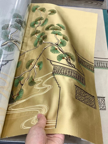 QYHL225VA Silver Beach Embroidered Chinese Green Pine Faux Silk Pleated Ready Made Curtains(Color: Gold)