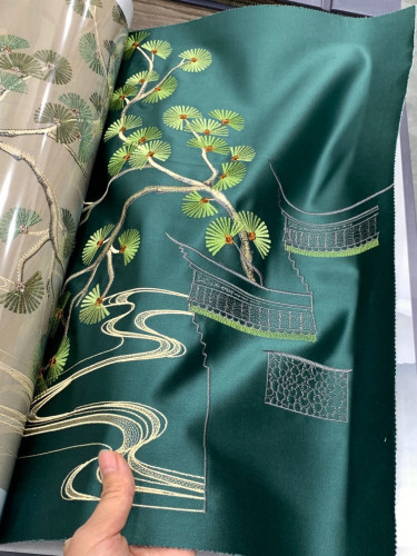 QYHL225V Silver Beach Embroidered Chinese Green Pine Faux Silk Custom Made Curtains(Color: Green)