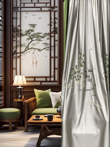 QYHL225V Silver Beach Embroidered Chinese Green Pine Faux Silk Custom Made Curtains