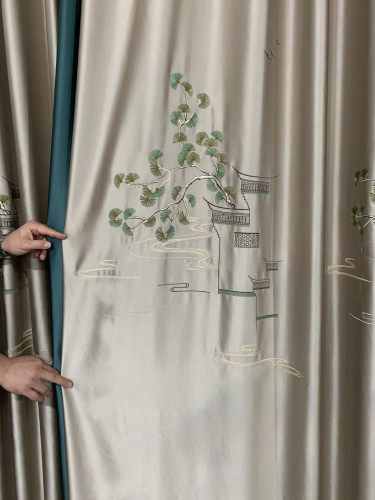 QYHL225VA Silver Beach Embroidered Chinese Green Pine Faux Silk Pleated Ready Made Curtains