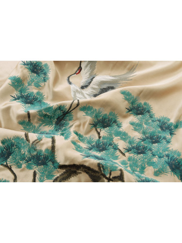 QYHL226A Silver Beach Embroidered Pine Trees And Cranes Faux Silk Custom Made Curtains