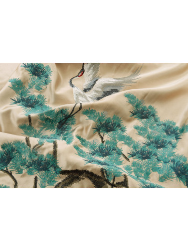 QYHL226AA Silver Beach Embroidered Pine Trees And Cranes Faux Silk Pleated Ready Made Curtains