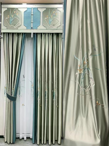 QYHL226BA Silver Beach Embroidered Orchid Fragrant Thoroughwort Faux Silk Pleated Ready Made Curtains