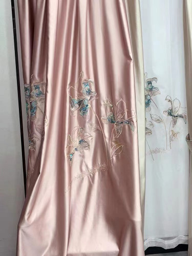 QYHL226DA Silver Beach Embroidered Lotus Flower Faux Silk Pleated Ready Made Curtains