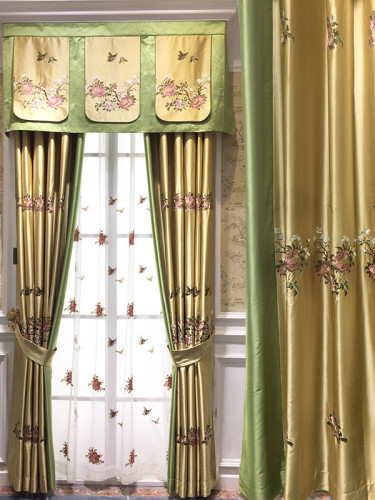 QYHL226EA Silver Beach Embroidered Flowers Faux Silk Pleated Ready Made Curtains(Color: Gold)