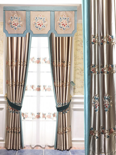 QYHL226E Silver Beach Embroidered Flowers Faux Silk Custom Made Curtains