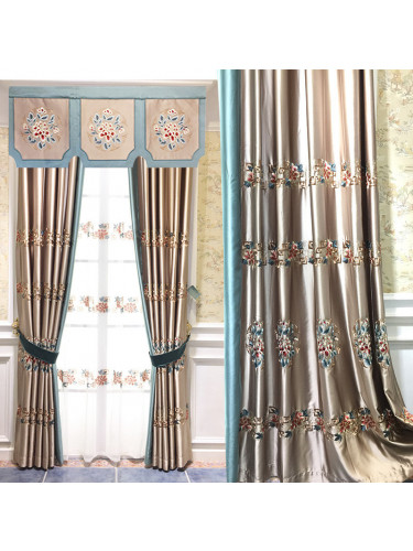 QYHL226E Silver Beach Embroidered Flowers Faux Silk Custom Made Curtains