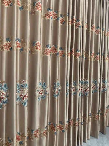 QYHL226EA Silver Beach Embroidered Flowers Faux Silk Pleated Ready Made Curtains