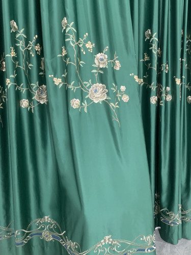 QYHL226FA Silver Beach Embroidered Peony Faux Silk Pinch Pleat Ready Made Curtains(Color: Green)