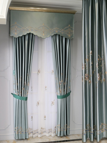 QYHL226FA Silver Beach Embroidered Peony Faux Silk Pinch Pleat Ready Made Curtains