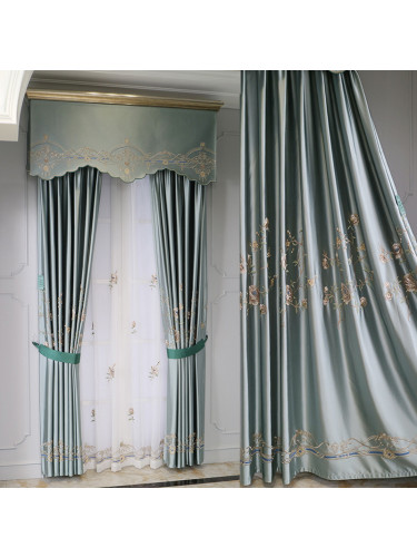 QYHL226F Silver Beach Embroidered Peony Faux Silk Custom Made Curtains