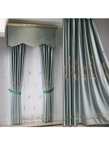 QYHL226FA Silver Beach Embroidered Peony Faux Silk Pinch Pleat Ready Made Curtains