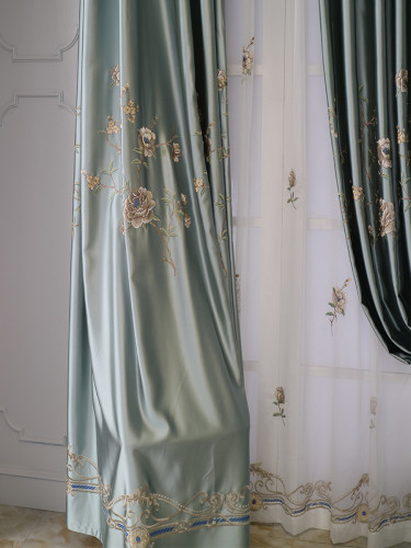 QYHL226FA Silver Beach Embroidered Peony Faux Silk Pinch Pleat Ready Made Curtains(Color: Light blue)