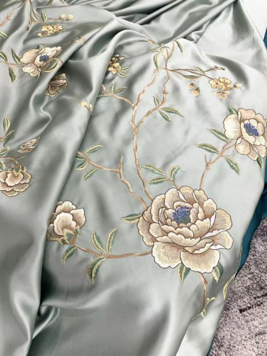 QYHL226F Silver Beach Embroidered Peony Faux Silk Custom Made Curtains(Color: Light blue)