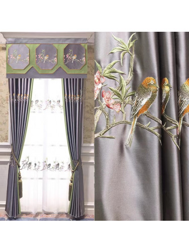 QYHL226GA Silver Beach Embroidered Birds Faux Silk Pinch Pleat Ready Made Curtains