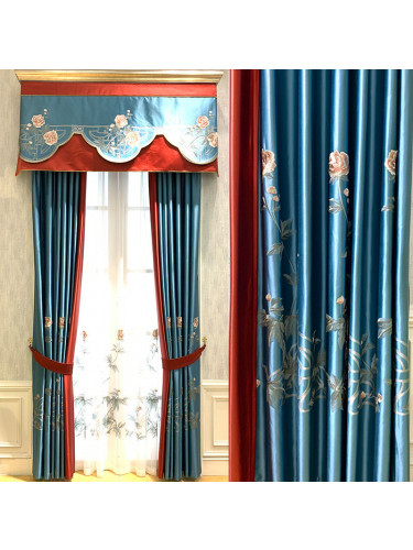 QYHL226H Silver Beach Embroidered Peony Faux Silk Blockout Curtains For Living Rooms Customize
