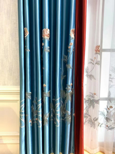 QYHL226H Silver Beach Embroidered Peony Faux Silk Blockout Curtains For Living Rooms Customize