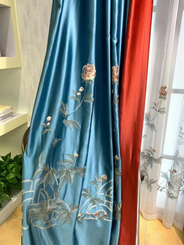 QYHL226H Silver Beach Embroidered Peony Faux Silk Blockout Curtains For Living Rooms Customize(Color: Blue)