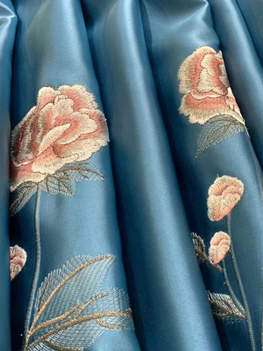 QYHL226H Silver Beach Embroidered Peony Faux Silk Blockout Curtains For Living Rooms Customize