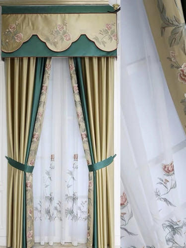 QYHL226H Silver Beach Embroidered Peony Faux Silk Blockout Curtains For Living Rooms Customize