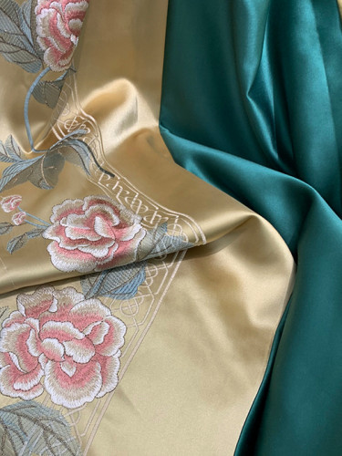 QYHL226HA Silver Beach Embroidered Peony Faux Silk Blockout Pinch Pleat Ready Made Curtains