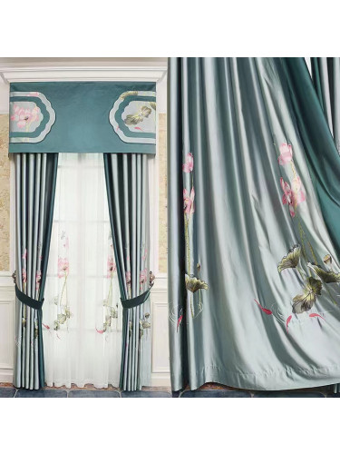 QYHL226I Embroidered Lotus Faux Silk Blockout Modern Designs Curtains For Living Rooms Customize