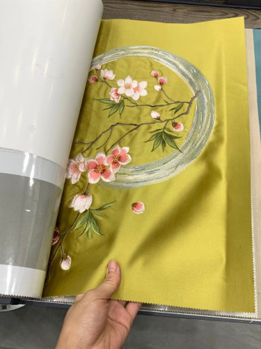 QYHL226JA Silver Beach Embroidered Peach Blossom Faux Silk Pleated Ready Made Curtains(Color: Yellow)