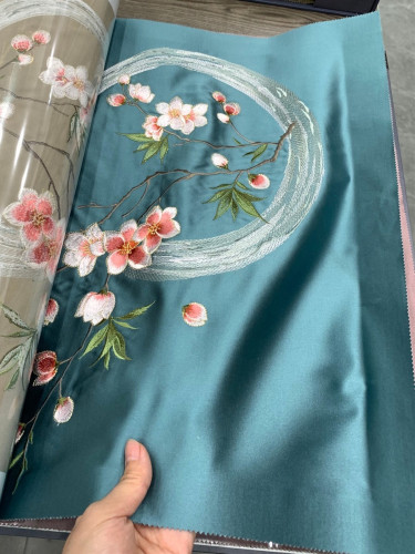 QYHL226J Silver Beach Embroidered Peach Blossom Faux Silk Custom Made Curtains(Color: Blue)