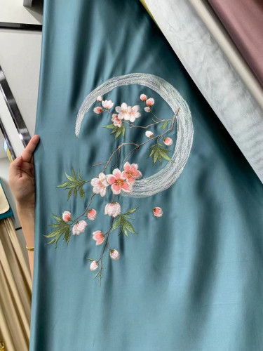 QYHL226J Silver Beach Embroidered Peach Blossom Faux Silk Custom Made Curtains
