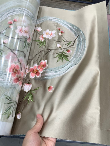 QYHL226JA Silver Beach Embroidered Peach Blossom Faux Silk Pleated Ready Made Curtains(Color: Grey)