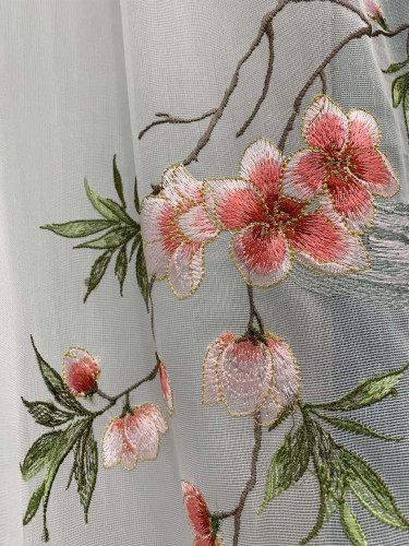 QYHL226J Silver Beach Embroidered Peach Blossom Faux Silk Custom Made Curtains