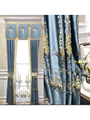QYHL226K Silver Beach Embroidered Leaves Faux Silk Beautiful Custom Made Curtains For Living Room Big Windows