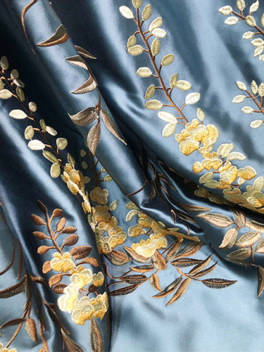 QYHL226KA Silver Beach Embroidered Leaves Faux Silk Blockout Pinch Pleat Ready Made Curtains(Color: Blue)