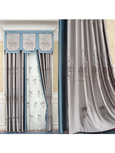 QYHL226L Silver Beach Embroidered Trees Faux Silk Beautiful Custom Made Curtains For Living Room Large Windows