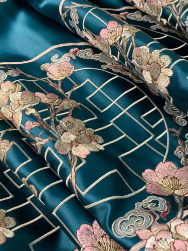 QYHL226MA Silver Beach Embroidered Flowers Faux Silk Pencil Pleat Blockout Ready Made Curtains(Color: Blue)