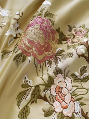 QYHL226NS Silver Beach Embroidered Peony Faux Silk Fabric Samples(Color: Yellow)