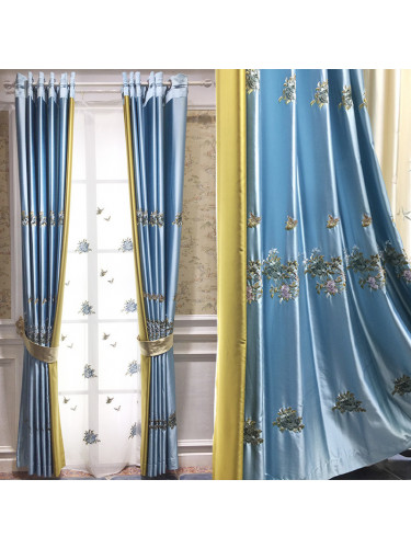 QYHL226N Silver Beach Embroidered Peony Faux Silk Beautiful Custom Made Curtains For Living Room