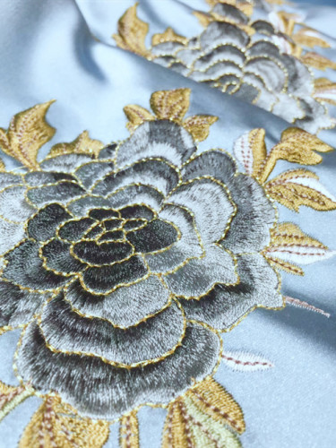 QYHL226NS Silver Beach Embroidered Peony Faux Silk Fabric Samples(Color: Blue)