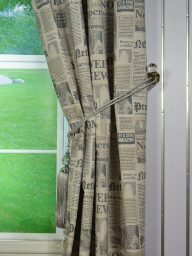 Eos Newspaper Printed Faux Linen Eyelet Curtain Tassel Tieback