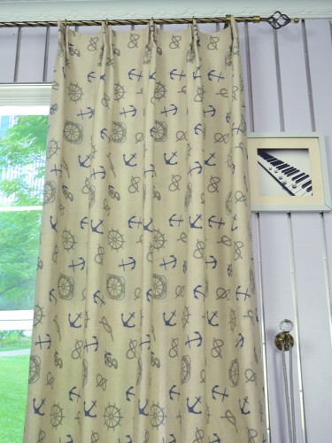Eos Nautical Printed Faux Linen Versatile Pleat Curtain Fabric