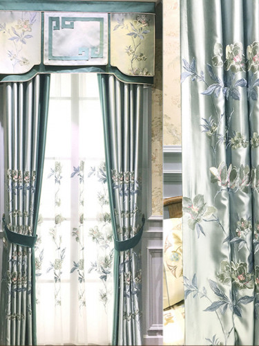 Silver Beach Embroidered Magnolia Blue Faux Silk Custom Made Curtains